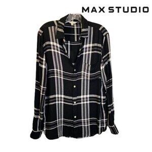 MAX STUDIO Women's Long Sleeve Classic‎ Button Front Plaid Shirt with Pocket
